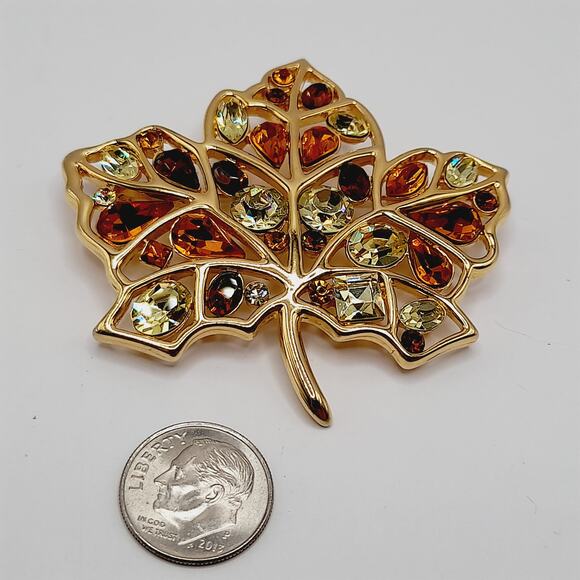 Vintage Nolan Miller Maple Leaf Brooch Gold Plate Rhinestone Glamour Collection - Picture 9 of 11